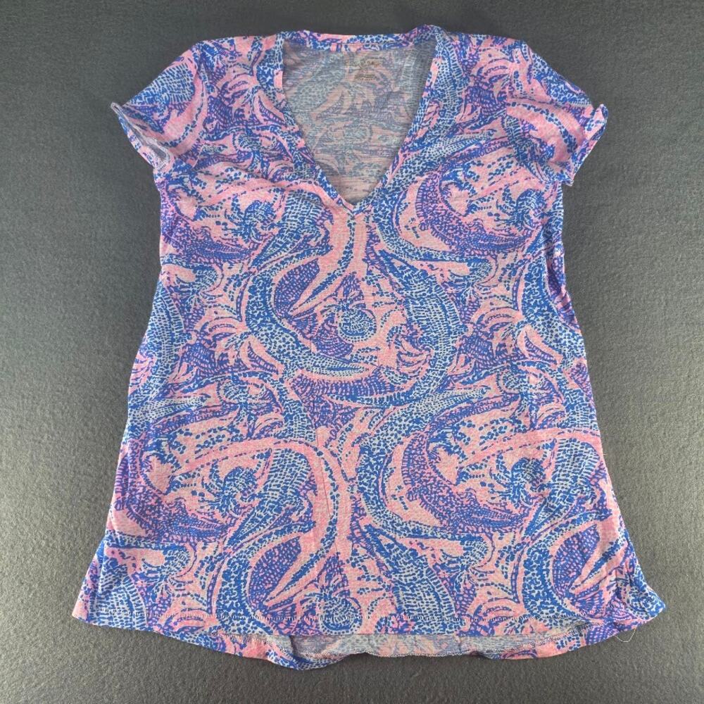 Lilly Pulitzer Womens XS V-Neck Top Alligator Print Short Sleeve Cotton